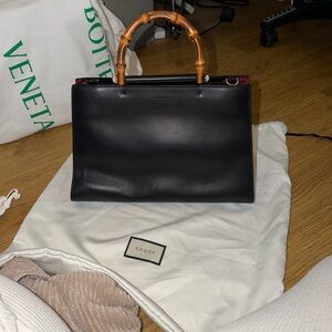 Gucci Black Leather Tote with Bamboo Accent